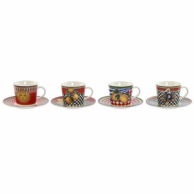 Set van Kopje met Schotel Home ESPRIT Geel Rood Porselein 220 ml 15,6 x 15,6 x 1,7 cm (4 Stuks) 1