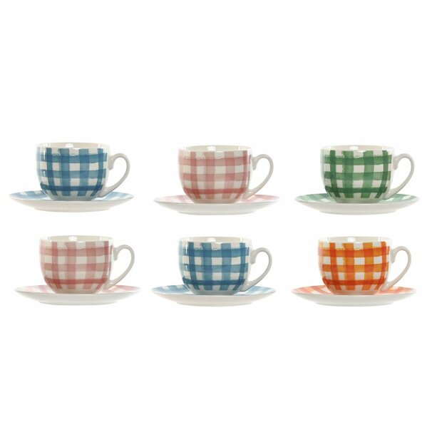 Set van 6 kopjes met schotel Home ESPRIT Blauw Groen Oranje Roze Porselein Strepen Mediterrane 240 ml 1