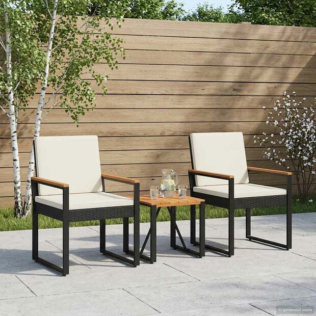 Buitenmeubelset met kussen 3 pcs Zwart en Cream Wit poly rattan 1