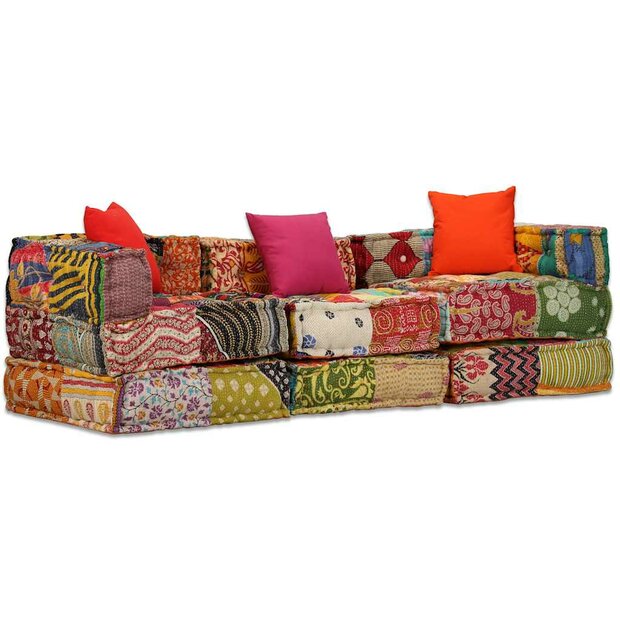 Poef driezits modulair stof patchwork 1
