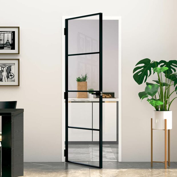 Binnendeur 76x201,5 cm gehard glas en aluminium smal zwart 1