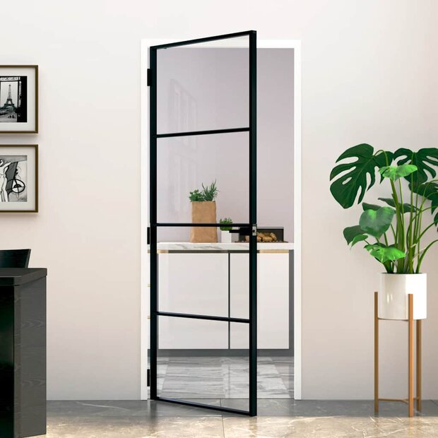 Binnendeur 83x201,5 cm gehard glas en aluminium smal zwart 1