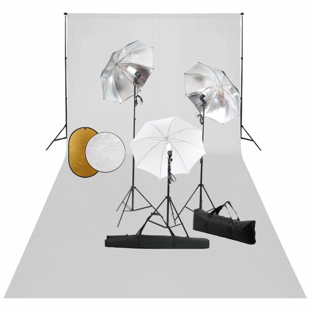 Fotostudioset met lampen, paraplu&amp;apos;s, achtergrond en reflector 1