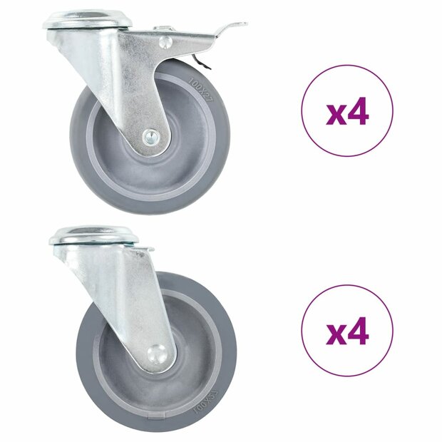 8 st Zwenkwielen met boutgaten 100 mm 1