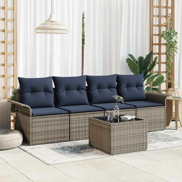 Bankstel met kussen 5 pcs Grijs poly rattan 1