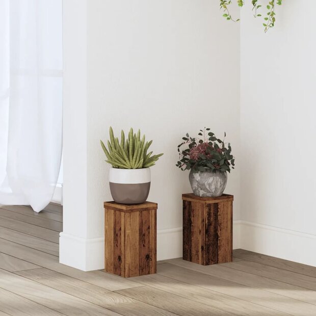 Plantenstandaards 2 st 10x10x18 cm bewerkt hout oud houtkleurig 1