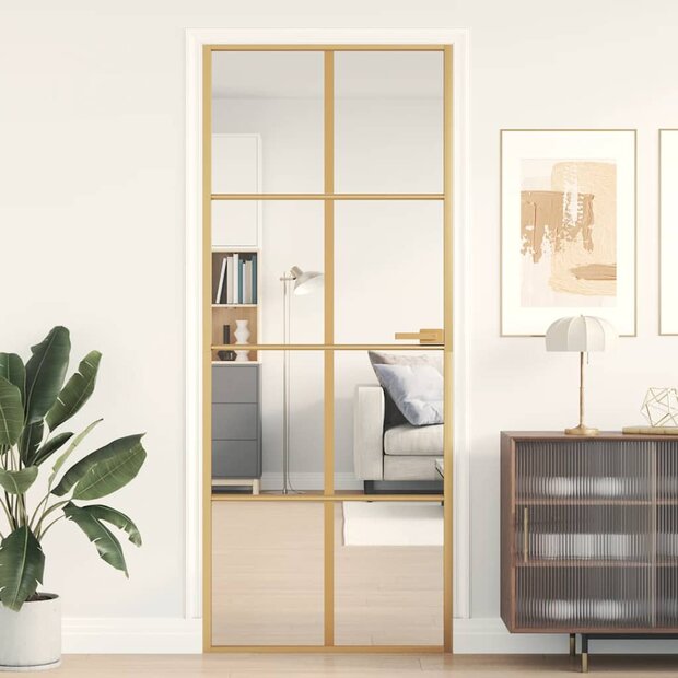 Binnendeur smal 83x201,5 cm gehard glas en aluminium goudkleur 1