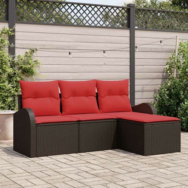 Bankstel met kussen met opslag 4 pcs Bruin en Rood poly rattan 1
