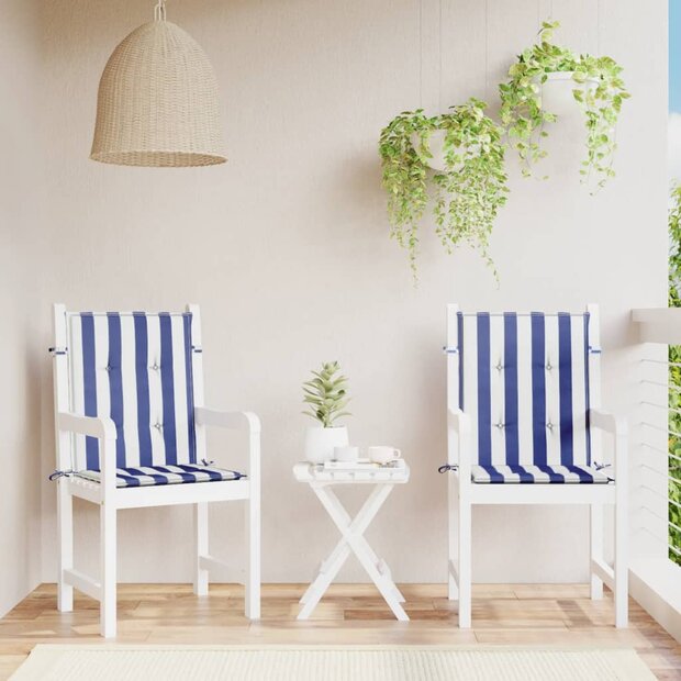 Stoelkussens 2 st lage rug gestreept stof wit en blauw 1