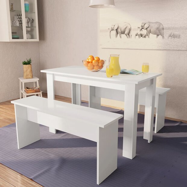 Eettafel en banken 3 st bewerkt hout wit 1