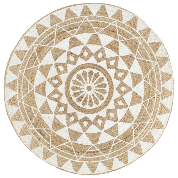 Vloerkleed handgemaakt met witte print 120 cm jute 1