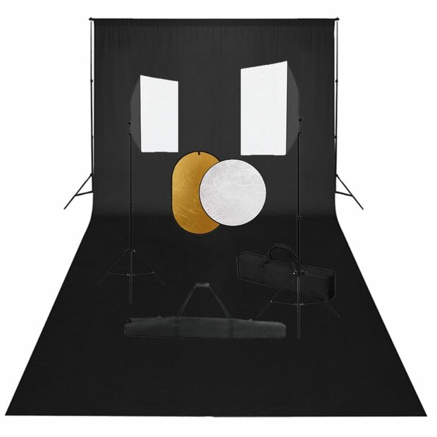 Fotostudioset met softboxlampen, achtergrond en reflector 1