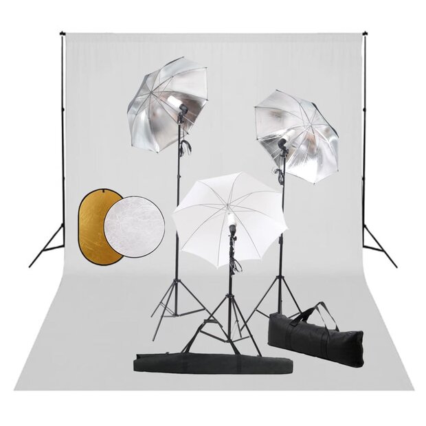 Fotostudioset met lampen, paraplu&amp;apos;s, achtergrond en reflector 1