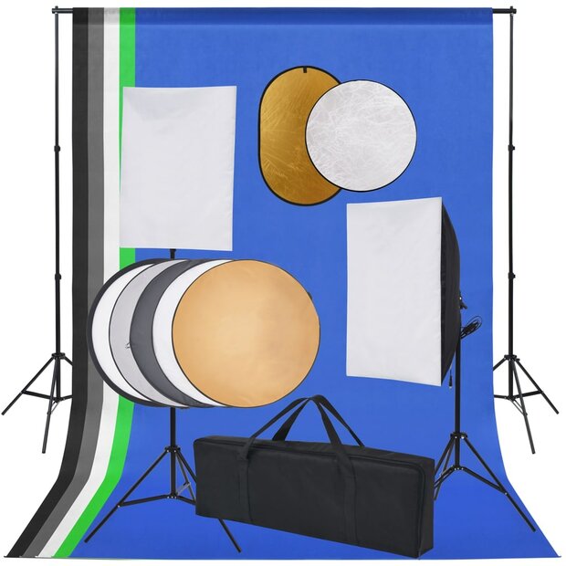 Fotostudioset met softboxlampen, achtergrond en reflector 1