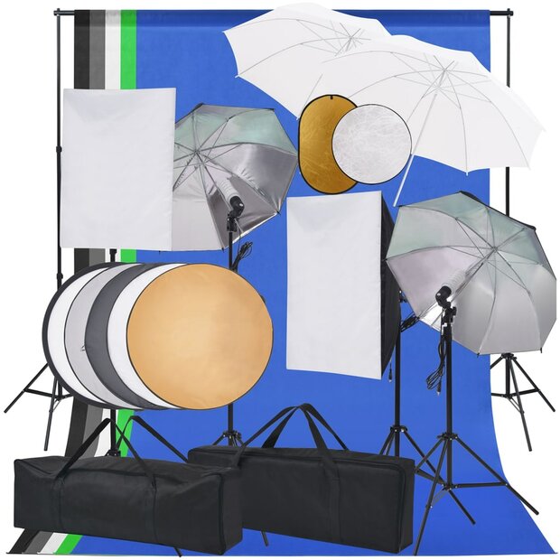 Fotostudioset met softboxlampen paraplu&amp;apos;s achtergrond reflector 1