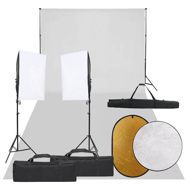 Fotostudioset met verlichtingsset, achtergrond en reflector 1
