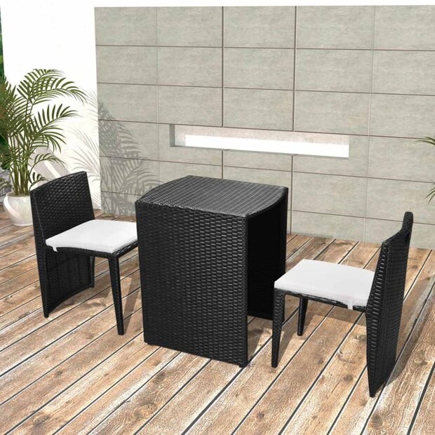 3-delige Bistroset met kussens poly rattan zwart 1