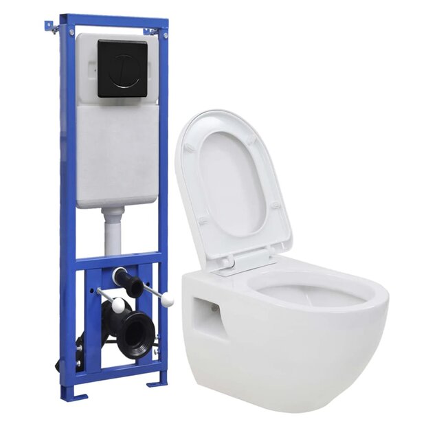 Hangend toilet met hoge verbogen stortbak keramiek 1