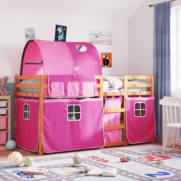 Stapelbed met gordijnen 90x190 cm grenenhout roze 1