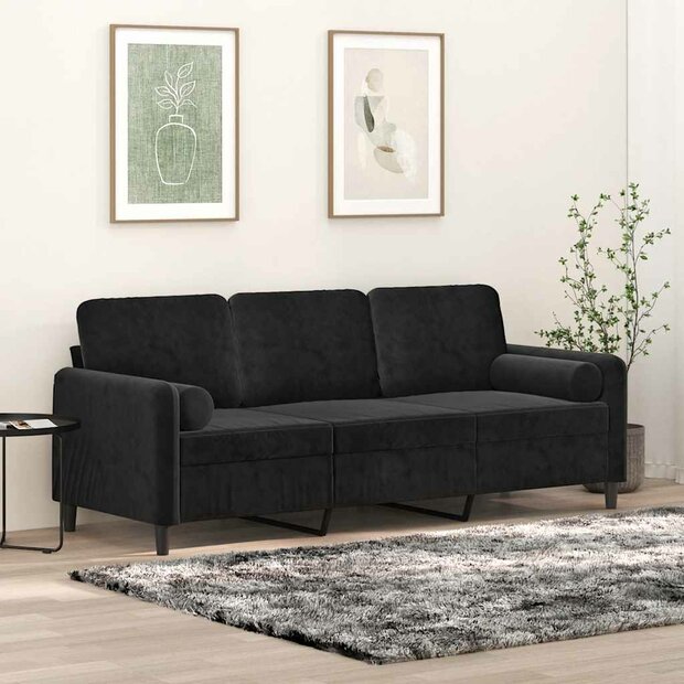 Driezitsbank met sierkussens 180 cm fluweel zwart 1