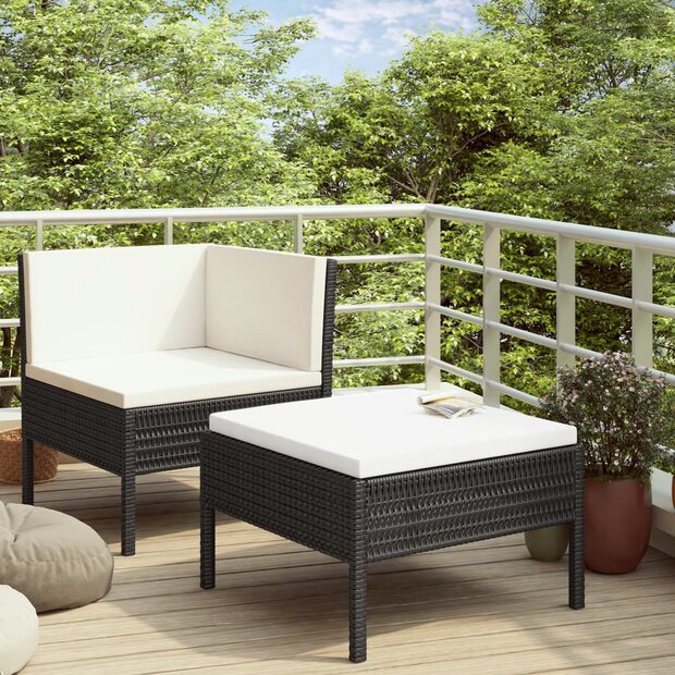 2-delige Loungeset met kussens poly rattan zwart 1