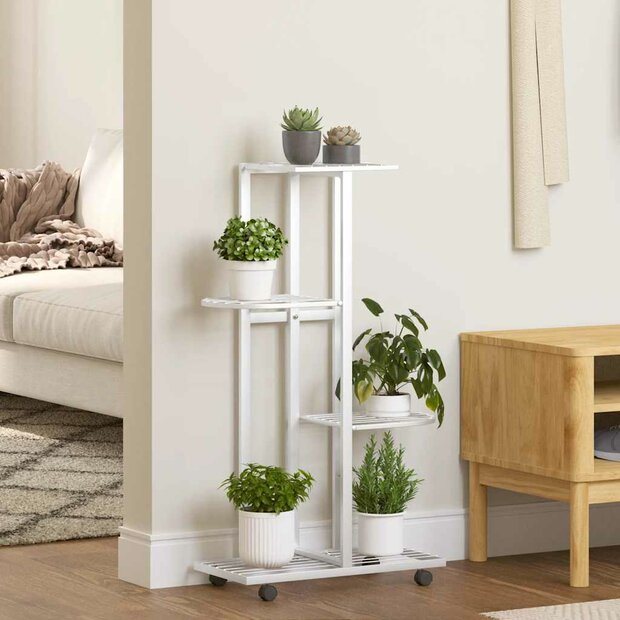 Bloemenstandaard met wielen 4-laags 44x23x80 cm ijzer wit 1
