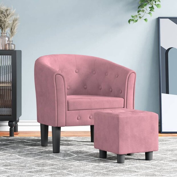 Kuipstoel met voetenbank fluweel roze 1