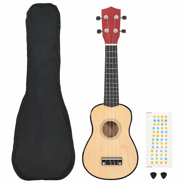 Ukuleleset met tas voor kinderen sopraan 21&amp;apos;&amp;apos; lichthoutkleurig     1