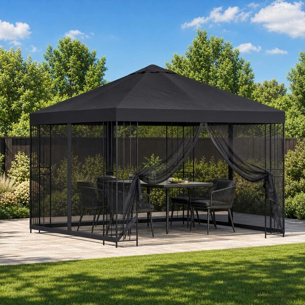 Tuin Gazebo met Zijwanden 3 x 3 m Zwart Polyester en staal 1