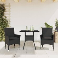 3-delige Tuinset met kussens poly rattan en glas zwart