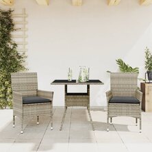 3-delige Tuinset met kussens poly rattan en glas grijs