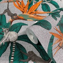 Topchic Behang Monkey Jungle Leaves groen en grijs 4001860326527