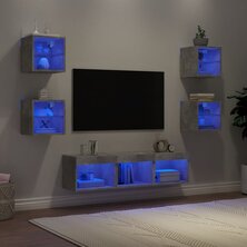 7-delige Tv-wandmeubelset met LED bewerkt hout betongrijs