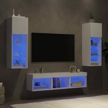 5-delige Tv-wandmeubelset met LED-verlichting bewerkt hout wit