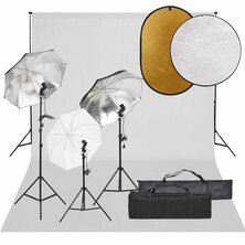 Fotostudioset met verlichtingsset, achtergrond en reflector