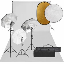 Fotostudioset met verlichtingsset, achtergrond en reflector