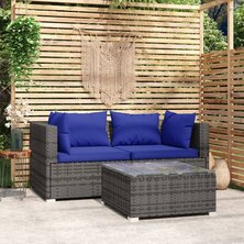 3-delige Loungeset met kussens poly rattan grijs