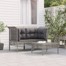 3-delige Loungeset met kussens poly rattan grijs