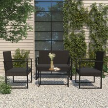 4-delige Loungeset met kussens poly rattan zwart