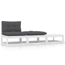 3-delige Loungeset met kussens massief grenenhout wit