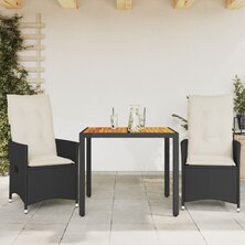 3-delige Bistroset met kussens poly rattan en acaciahout zwart