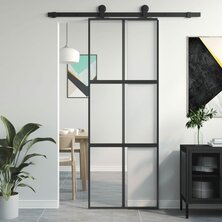 Schuifdeur 76x205 cm gehard glas en aluminium zwart