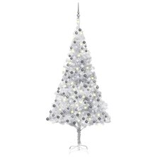 Kunstkerstboom met verlichting en kerstballen 210 cm PET zilver