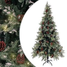 Kerstboom met LED en dennenappels 225 cm PVC en PE groen en wit