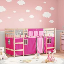 Kinderhoogslaper met gordijnen 90x190 cm grenenhout roze