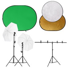 Fotostudioset met lichtset, achtergrondscherm en reflector