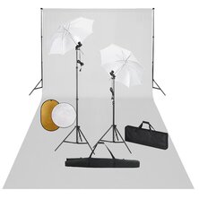 Fotostudioset met lampen, paraplu&apos;s, achtergrond en reflector