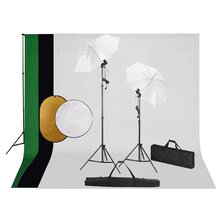 Fotostudioset met lampen, paraplu&apos;s, achtergrond en reflector