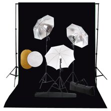 Fotostudioset met lampen, paraplu&apos;s, achtergrond en reflector