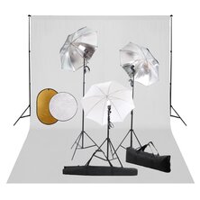 Fotostudioset met lampen, paraplu&apos;s, achtergrond en reflector